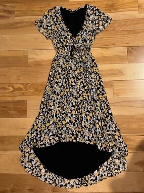 Abercrombie & Fitch Black Floral High-Low Dress with Yellow & White Print